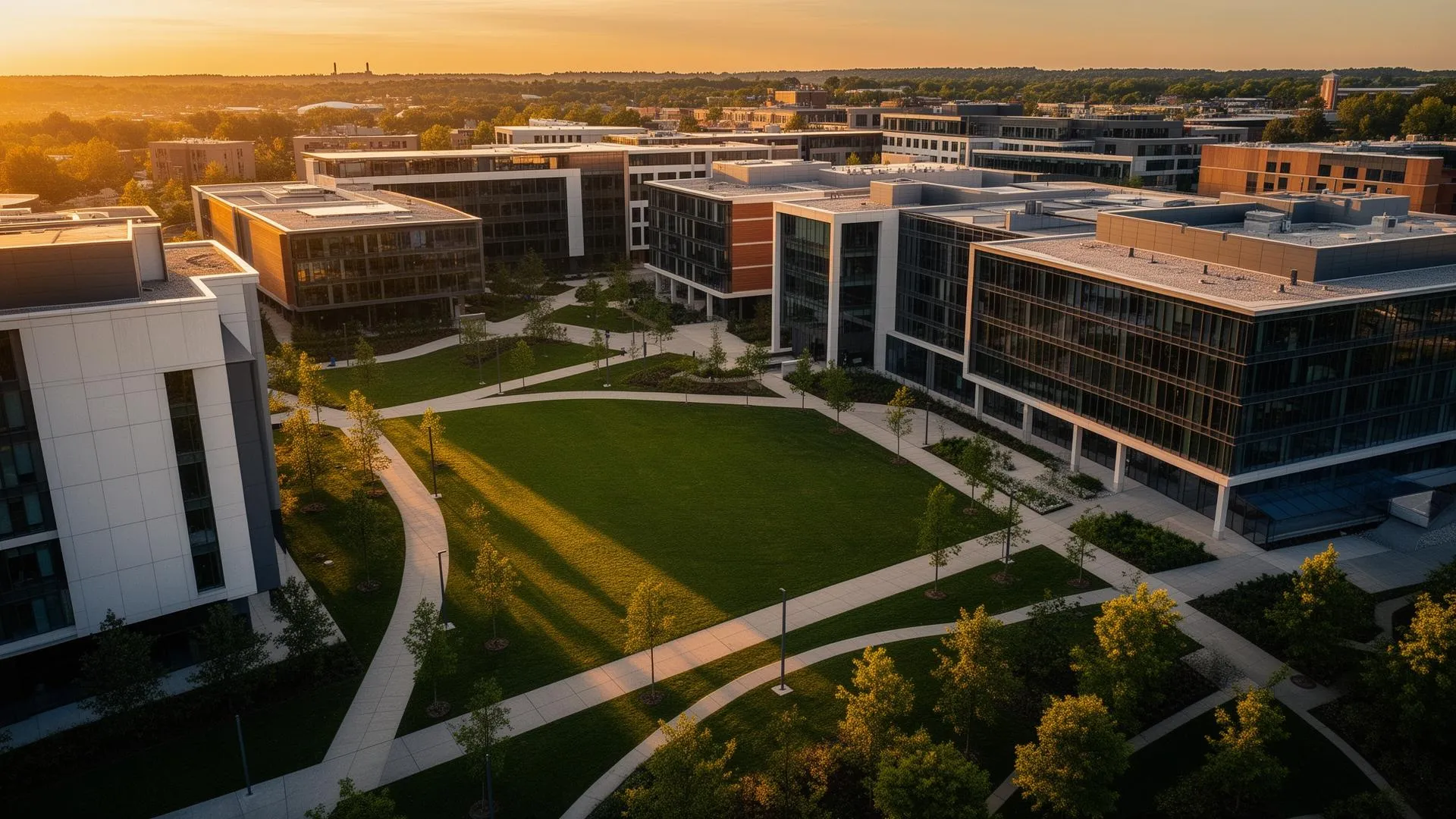 Modern university campus at golden hour